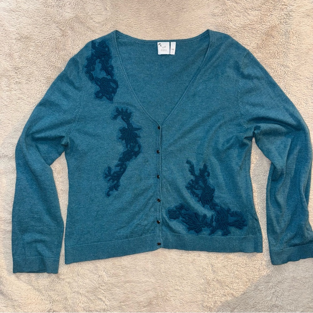 J. Jill Blue Cardigan Sweater with Artistic Design